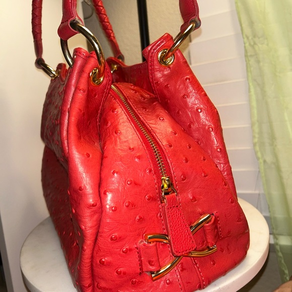 Red Ostrich Leather Hobo Purse Bag - Picture 2 of 6